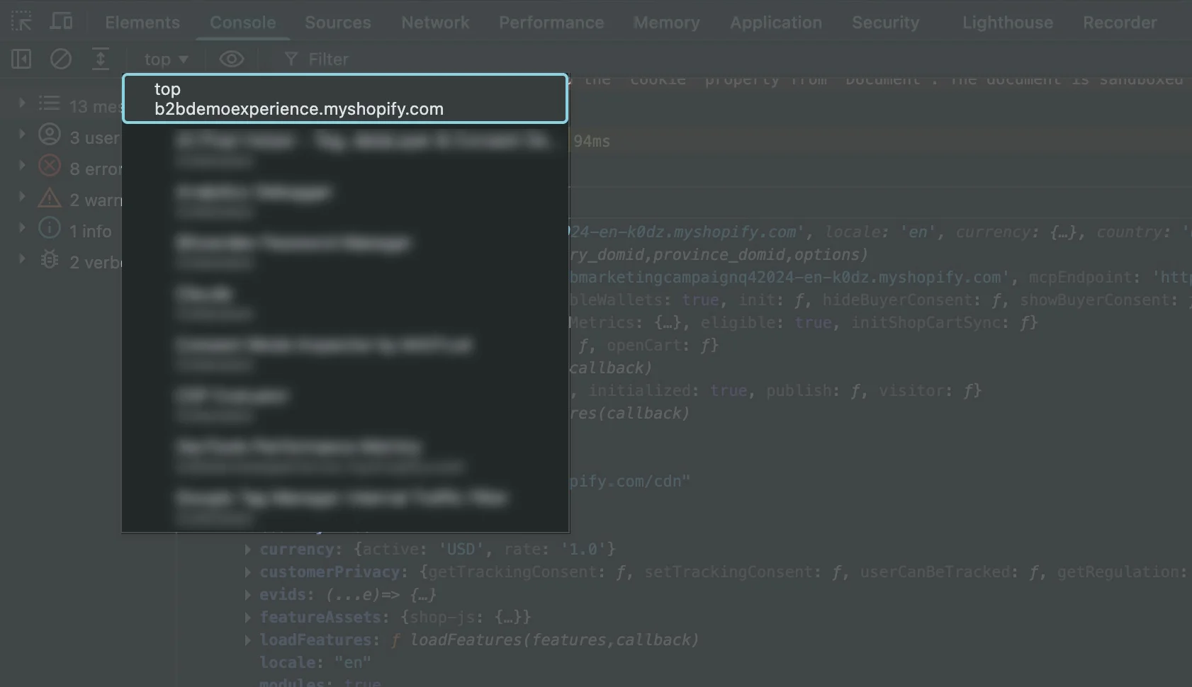 Chrome DevTools Console sekmesinde JavaScript bağlamı seçicisi açık: top seçili, altında bulanıklaştırılmış eklenti bağlamları listeleniyor. İlgili pixel frame'ini bulmak için bu listede ilerlemek gerekiyor