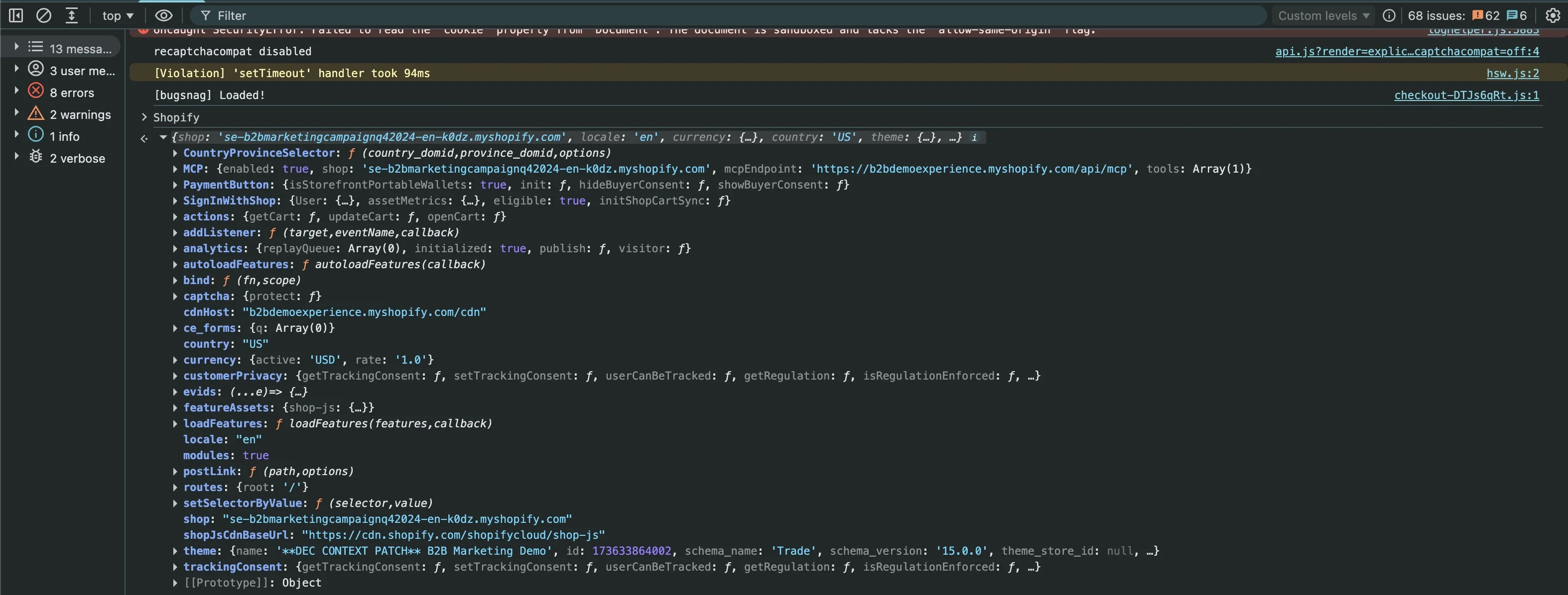 Chrome DevTools Console sekmesinde window.Shopify nesnesi açılmış: shop, locale, currency, country, customerPrivacy, analytics ve theme gibi anahtarlar listeleniyor. Üstte sandbox kaynaklı bir SecurityError, bir Violation uyarısı ve bugsnag logu aynı akışta görünüyor